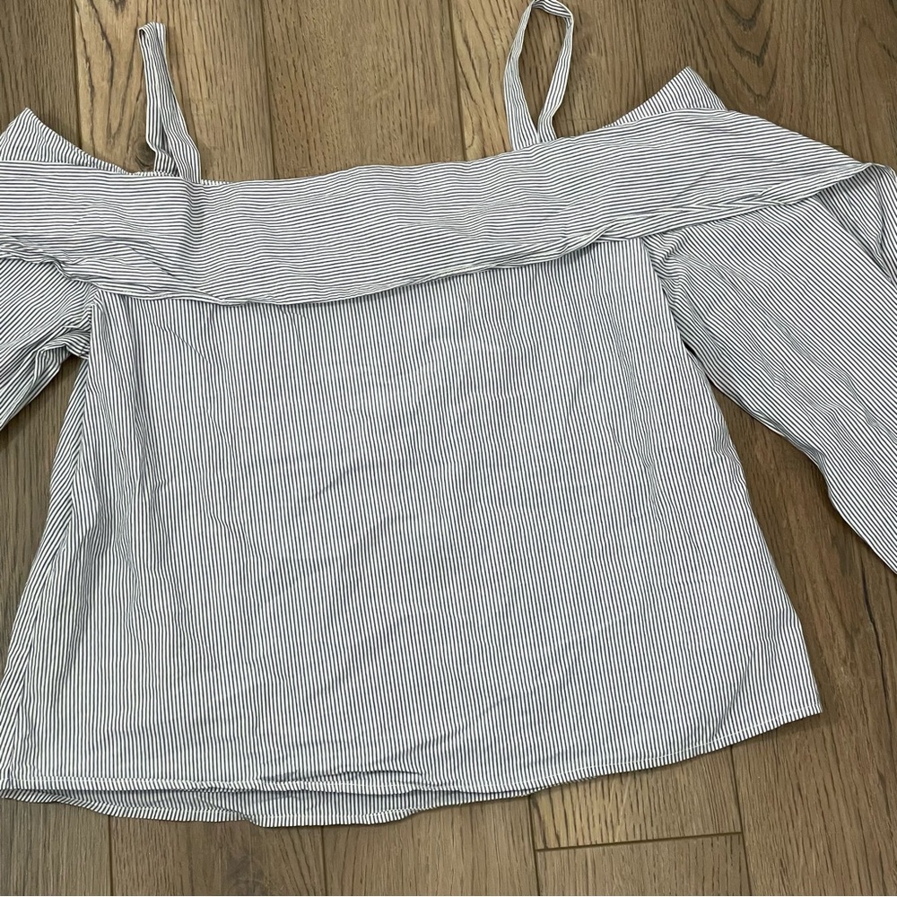 AllSaints Khan Micro Stripe Frill Off-Shoulder Top